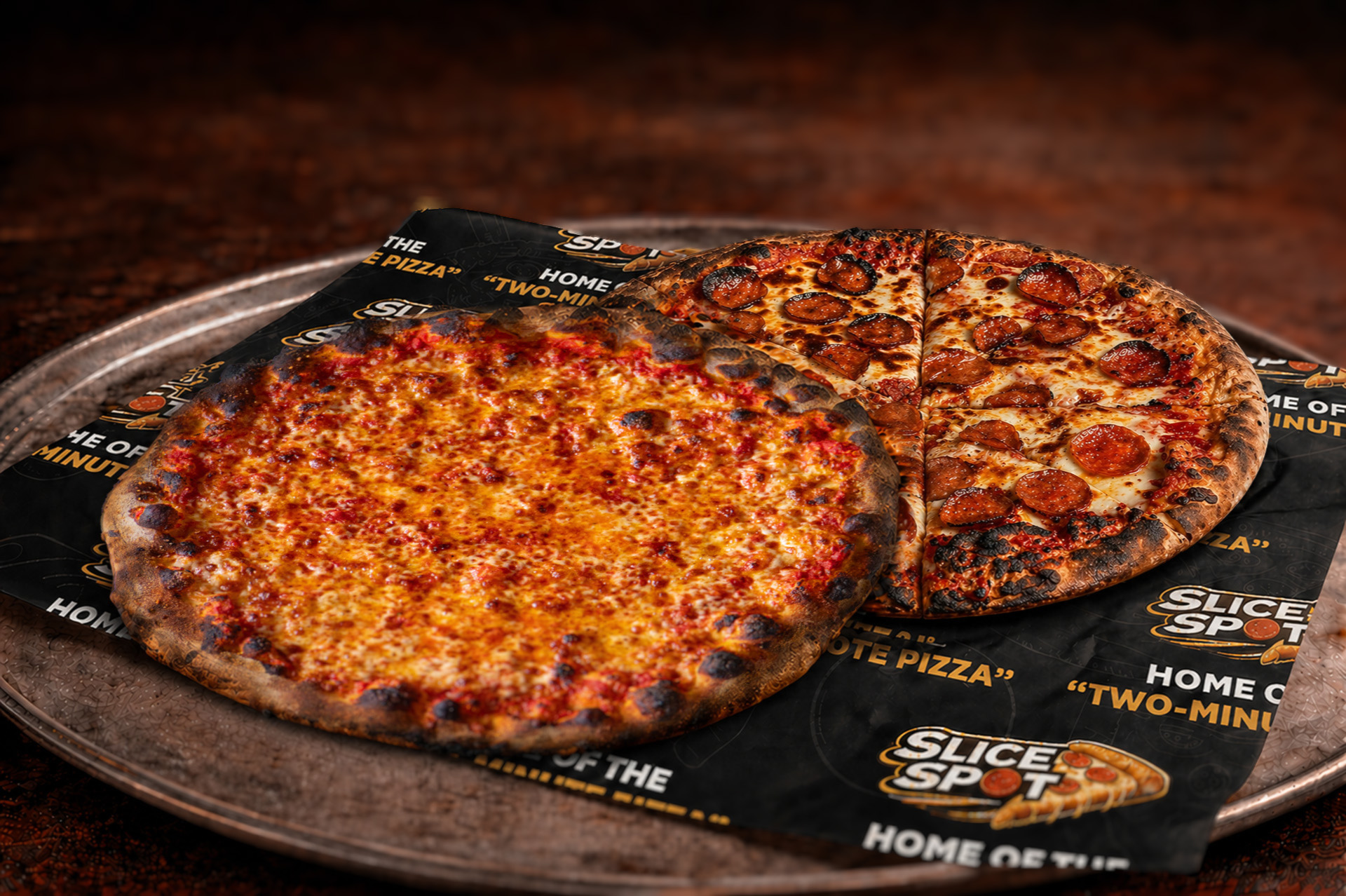 Freshly baked whole pizza pies